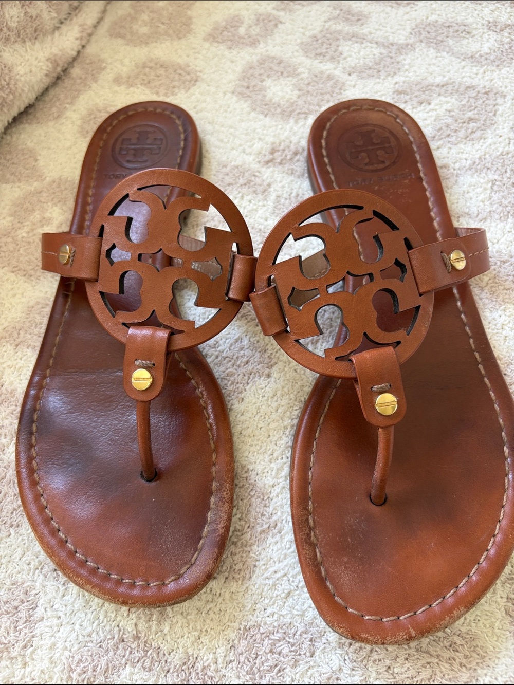 Tory Burch Brown Leather Logo Toe-Post Sandals